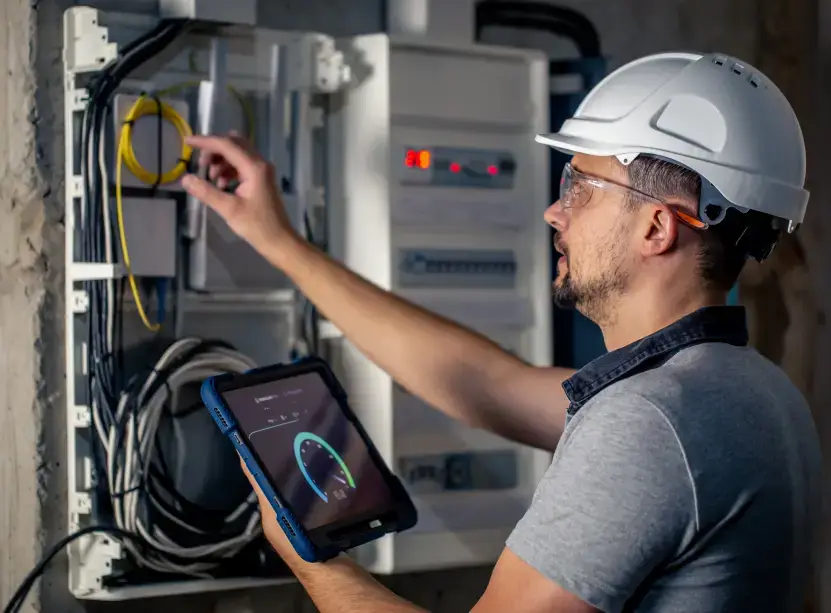 Electrician at a consumer unit making notes
